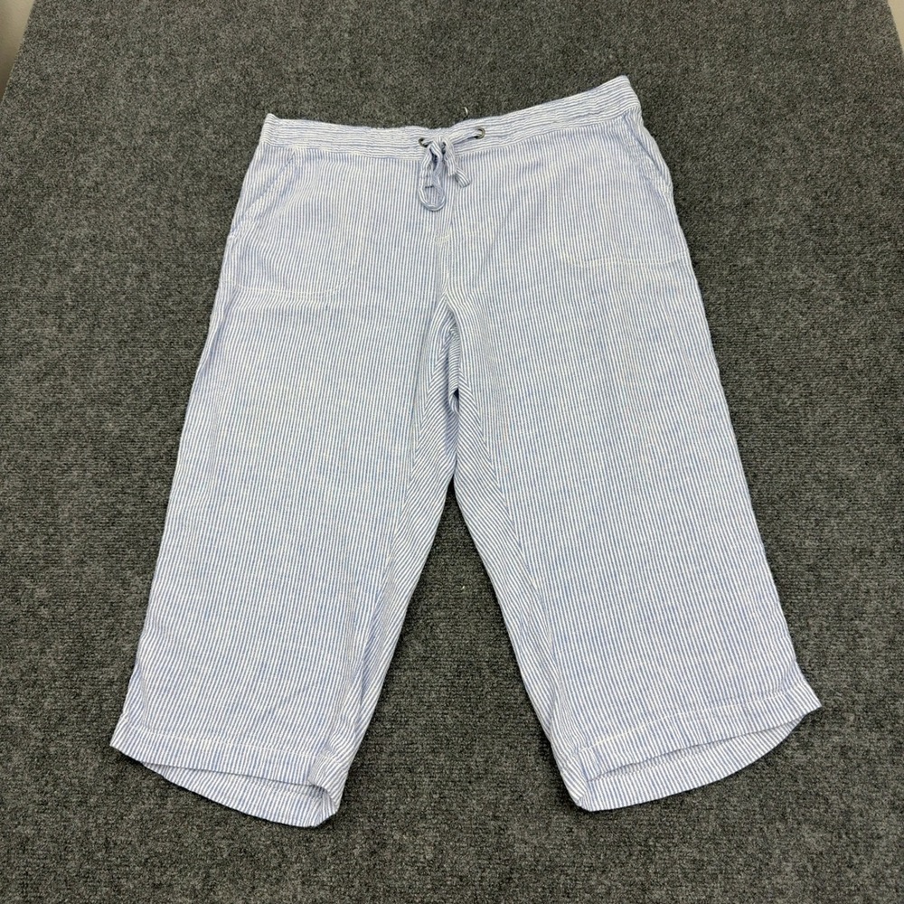 Perse Capri Pants Women 1X Blue White Seersucker Linen Striped Drawstring Casual